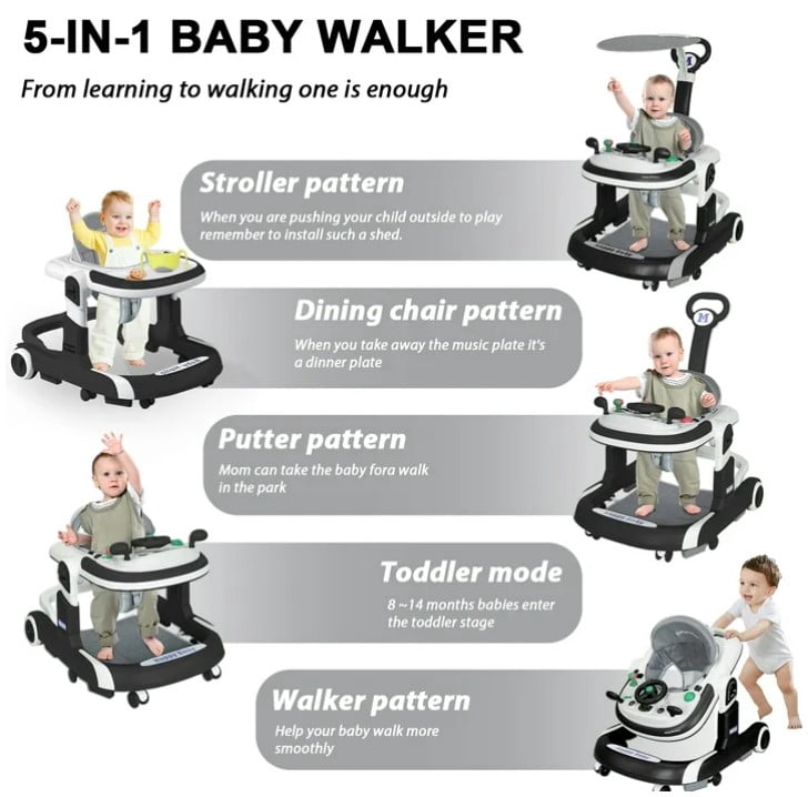 LHUAI 5-in-1 Baby Walker With Bouncer, Removable Footrest, Feeding Tray & Music, Foldable & Adjustable Activity Walker For Boys And Girls, Toddler Infant, Black