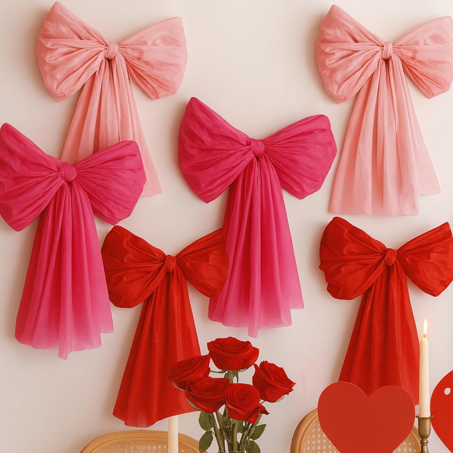 Yucurem 6 Pack DIY Giant Wall Bows, Hanging Coquette Ribbon Bowknot Backdrop Decor for Valentine's Day Birthday Wedding Party Supplies