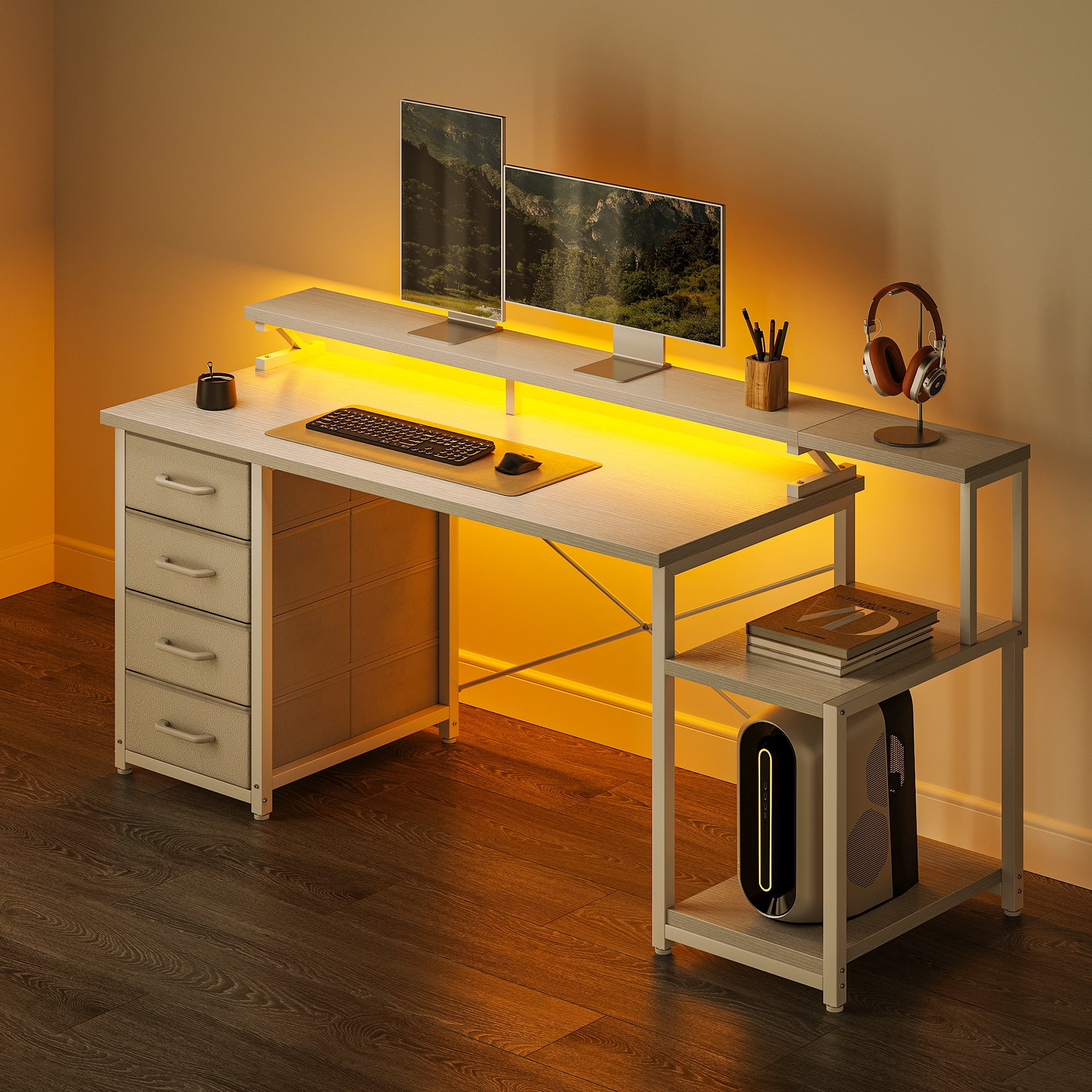 Casacomoda 55 Inch Computer Desk with LED Light, Monitor  Stand, Desk with 4 Drawers, Home Office Desk with Storage Shelves, White Office Desks, White