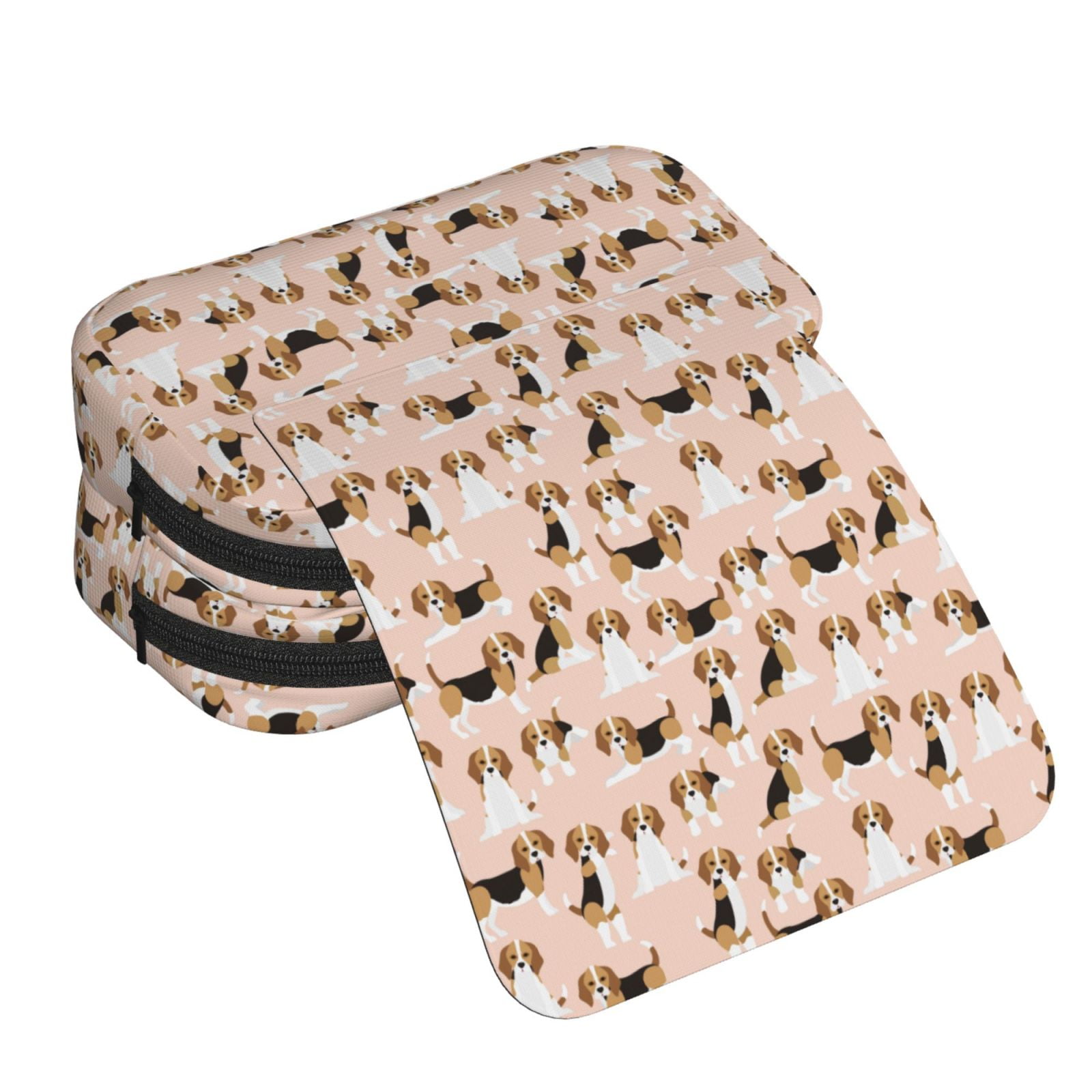 Rateoe Beagle Dog On Brown Pattern Double Clamshell Pen Case, Storage Organizer with Two Zipper Compartments– Holds Up to 50 Pencils & Pens