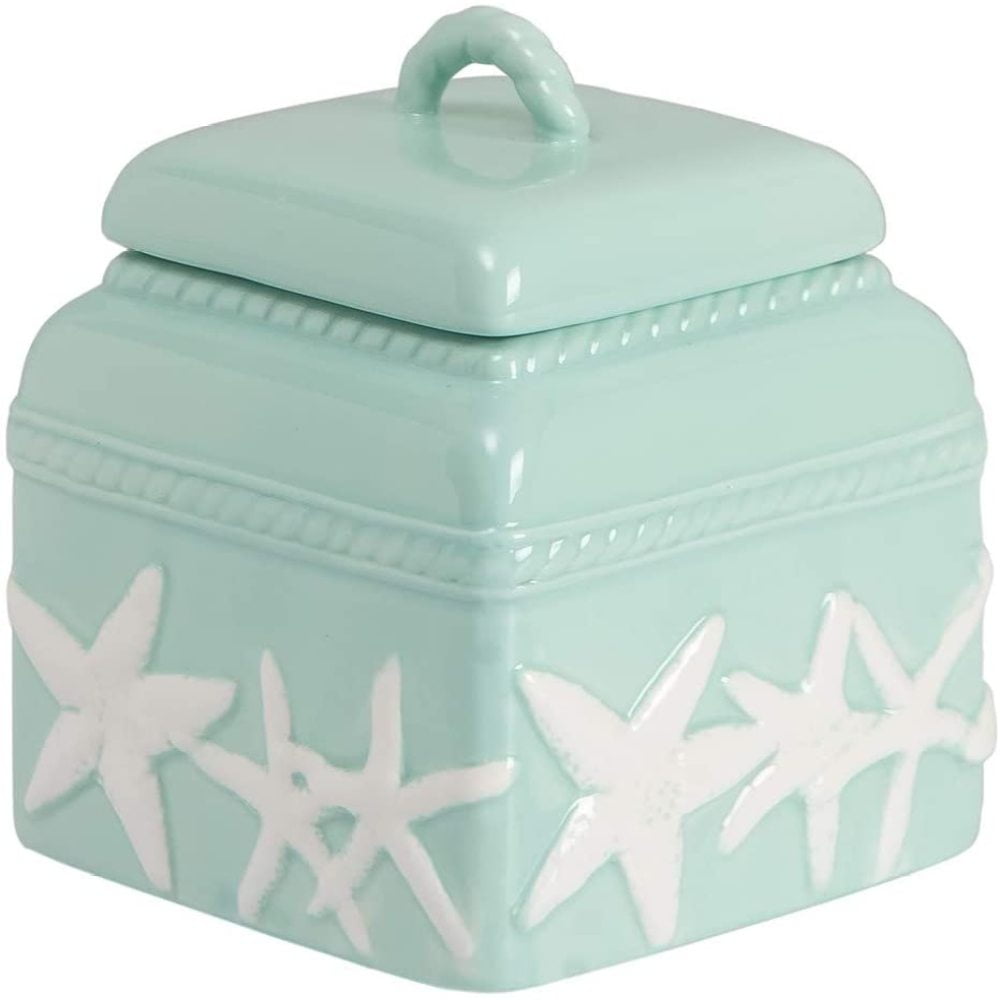 BcTlyInc Seafoam White Small Starfish Canister Dolomite Kitchen Food Storage with Lid Coastal Nautical Ocean Beach Sea Life Small Canister Blue