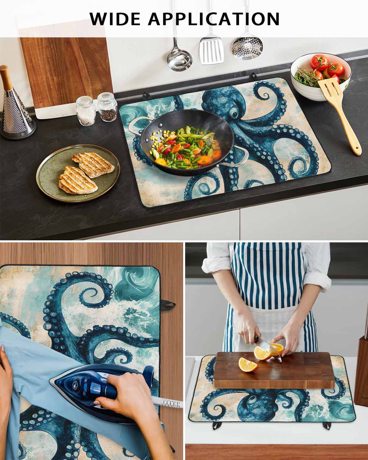 nqOlkjepod Large Induction Cooktop Protector Mat 36"x21", Teal Blue Octopus Stove Top Covers for Electric Stove, Summer Coastal Beach Wave Decorative Stove Burner Cover Mats, Glass Top Stove Cover