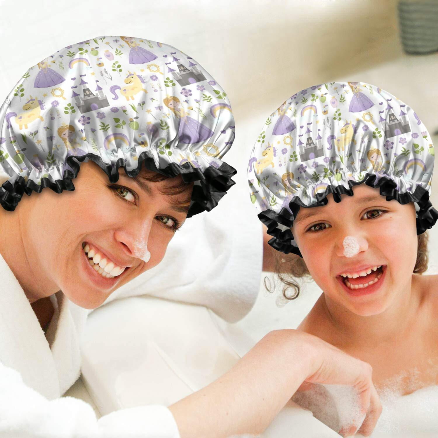 Shower Caps,Princess Unicorn Pattern Waterproof Shower Cap for Women 4 Pieces,Double Reusable Hair Cover for Shower PEVA Elastic Stretch Hem