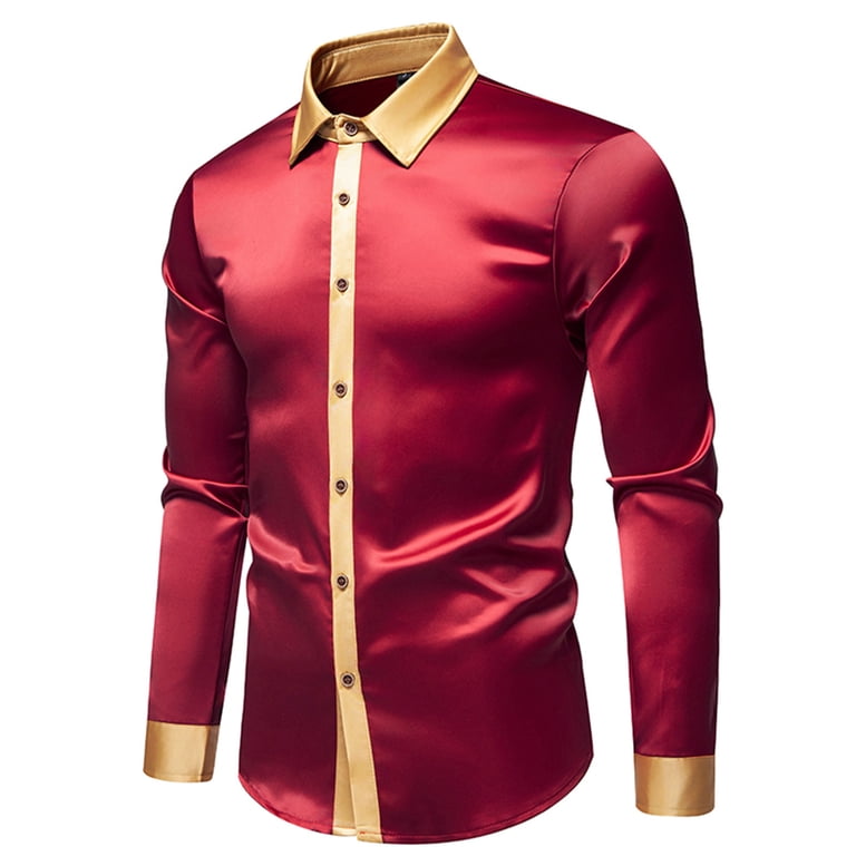 graduation dress shirts Fashion YLSDY Mens Dress Shirts Long Sleeve Stretch Performance Graduation  Collared Shirt 80s Prom Formal Dress for Wedding Guest Satin Shiny Man  Shirts Wine S