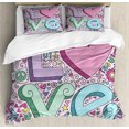 thumbnail image 1 of Doodle Queen Size Duvet Cover Set, Hand Drawn 3D Love Lettering Psychedelic Goorvy Sixties Inspired Design Peace Kiss U, Decorative 3 Piece Bedding Set with 2 Pillow Shams, Multicolor, by Ambesonne, 1 of 3