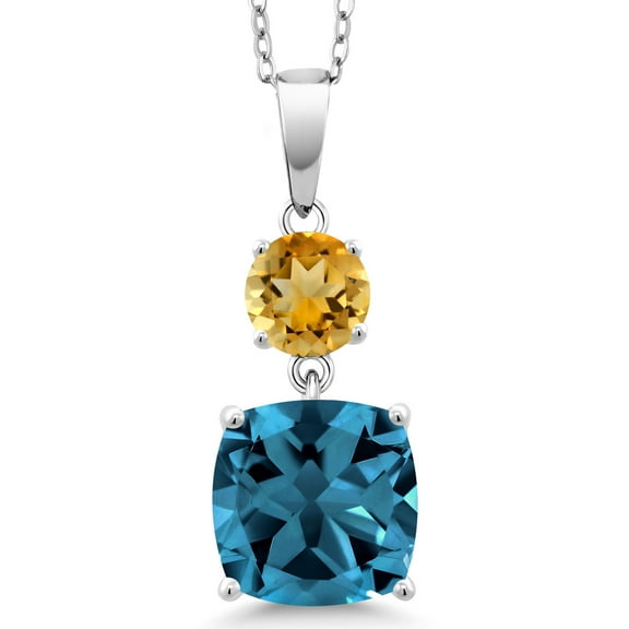 Gem Stone King 6.00 Cttw London Blue Topaz and Yellow Citrine Pendant Necklace for Women | 925 Sterling Silver | Gemstone November Birthstone | Cushion 10MM and Round 6MM