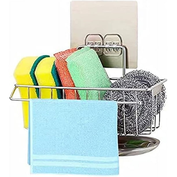 Organizador De Fregadero SUS304 Acero Inoxidable Con Bandeja De Drenaje - Soporte Para Esponjas, Cepillos Y Jabón, Plateado, 23x10x14 Cm