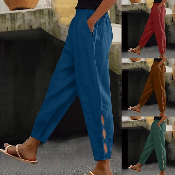 Oksale Ankle Pants for Women Petite Elastic High Waisted Summer Pants with Pockets Plus Size Straight Leg Trousers Wine M