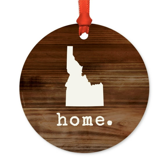 US State Round Metal Christmas Ornament, Rustic Wood Print, Idaho, Includes Ribbon and Gift Bag