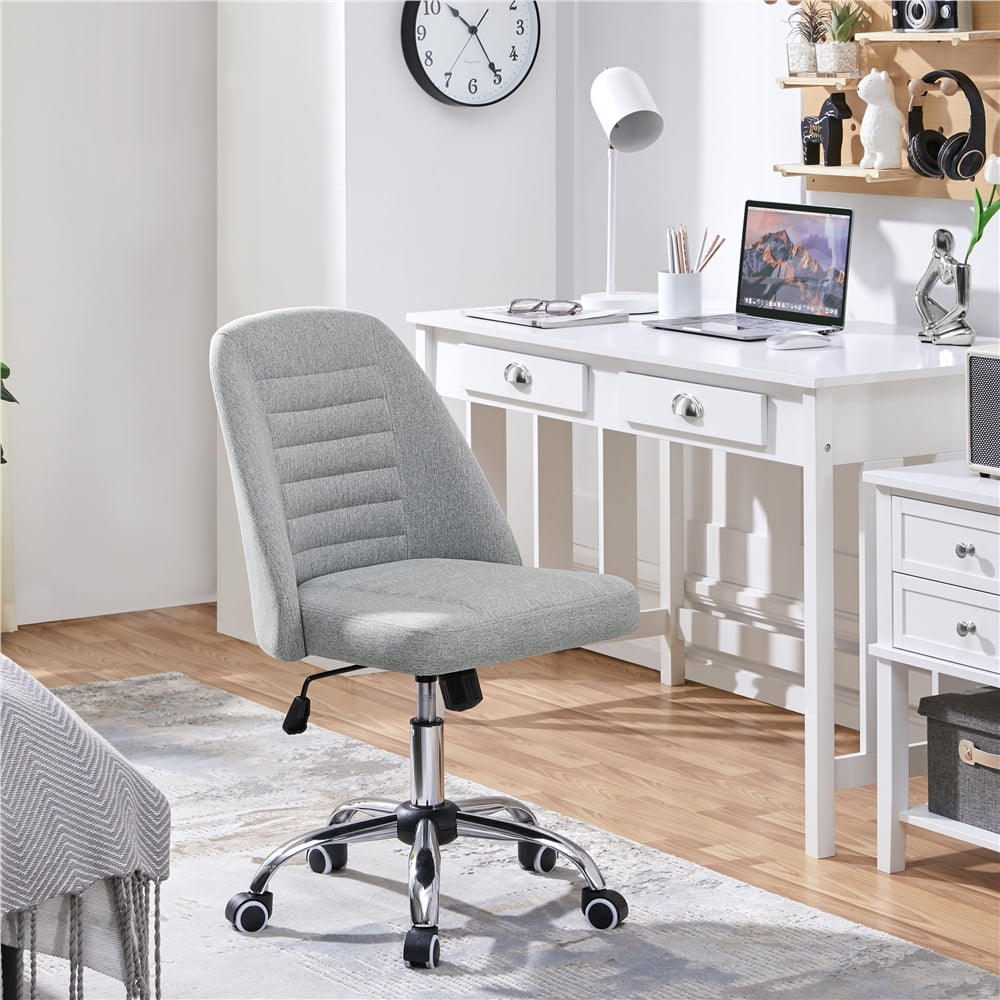 Alden Design Linen Fabric Mid Back Office Desk Chair with Metal Base, Light Gray