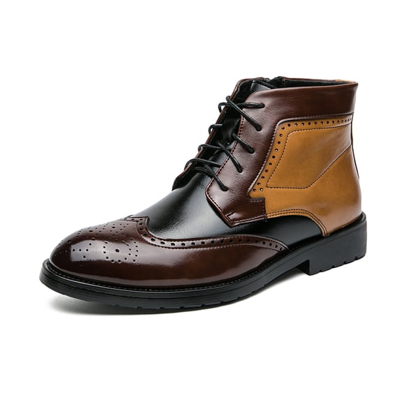 Men's Brogue Ankle Dress Boots, Lace-up Side Zip Formal Mid-Top Footwear for Business and Daily Occasions