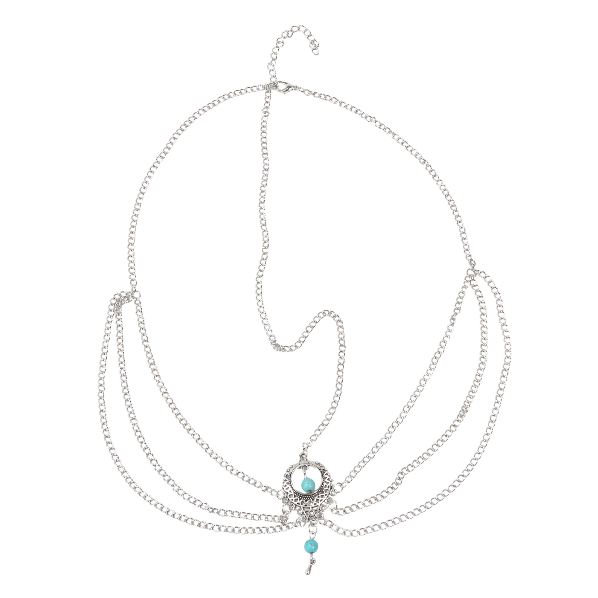 Unique Bargains Headpiece Multi-layered Turquoise Head Chain Silver Tone 1 Pc
