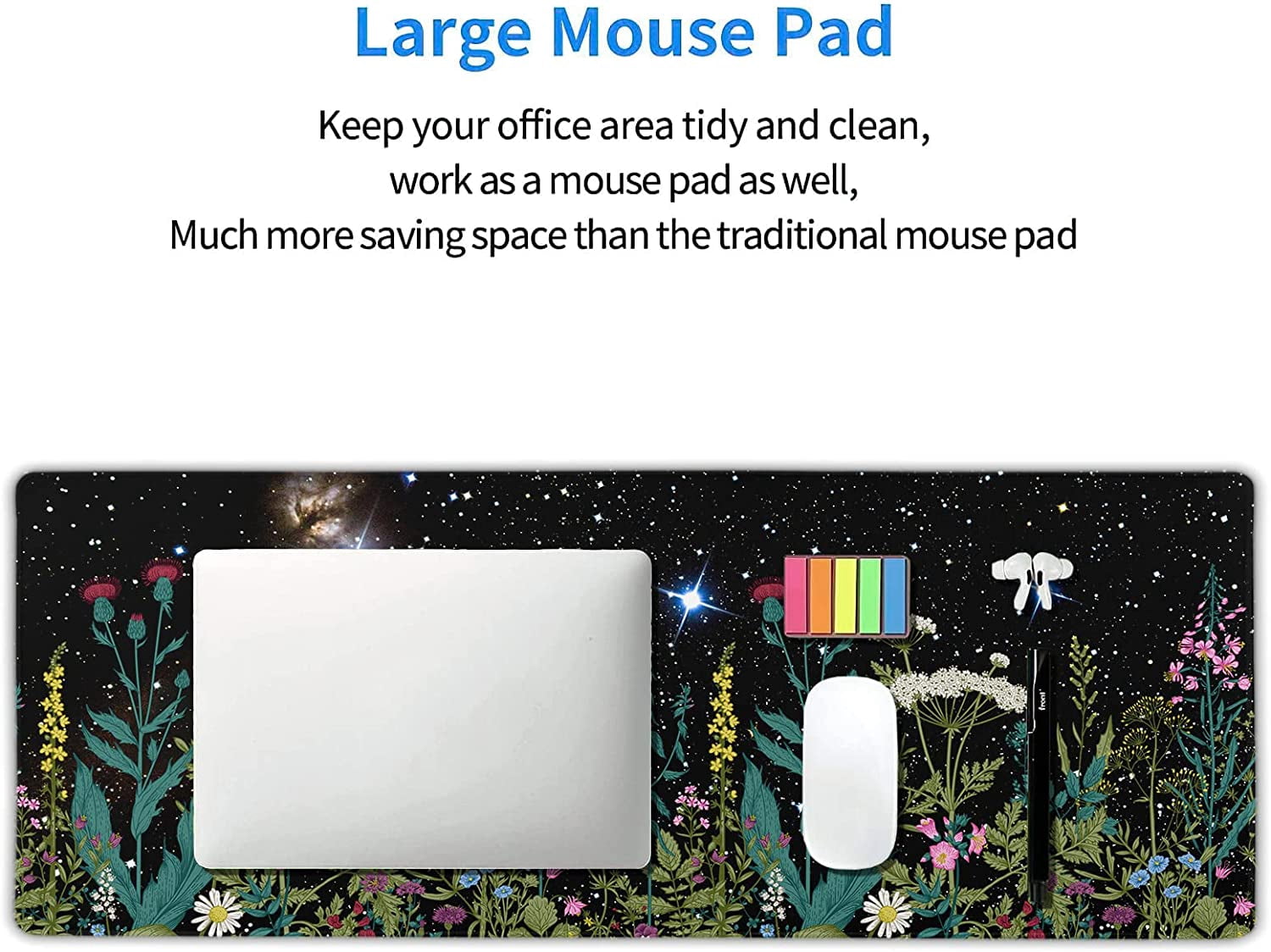 Black Aesthetic Wildflower Large Mouse Pad XL Space Galaxy Weeds Herb Cute Floral Extended Large Desk Mat Big Desk Pad 80X30 cm Non-Slip Rubber Base Stitched Edge Long Mousepad,31.511.8 Inch