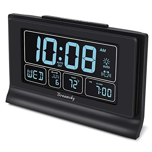 Snooze. Auto DST Setting Gray DreamSky Auto Set Digital Alarm Clock with USB Charging Port 6.6 Inches Large Screen with Time/Date/Temperature Display Full Range Brightness Dimmer