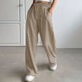 thumbnail image 2 of Delconic Women’s Striped High Waist Loose Fit Casual Pants with Elastic Waistband and Drawstring Relaxed Straight Leg Trousers Khaki L, 2 of 4