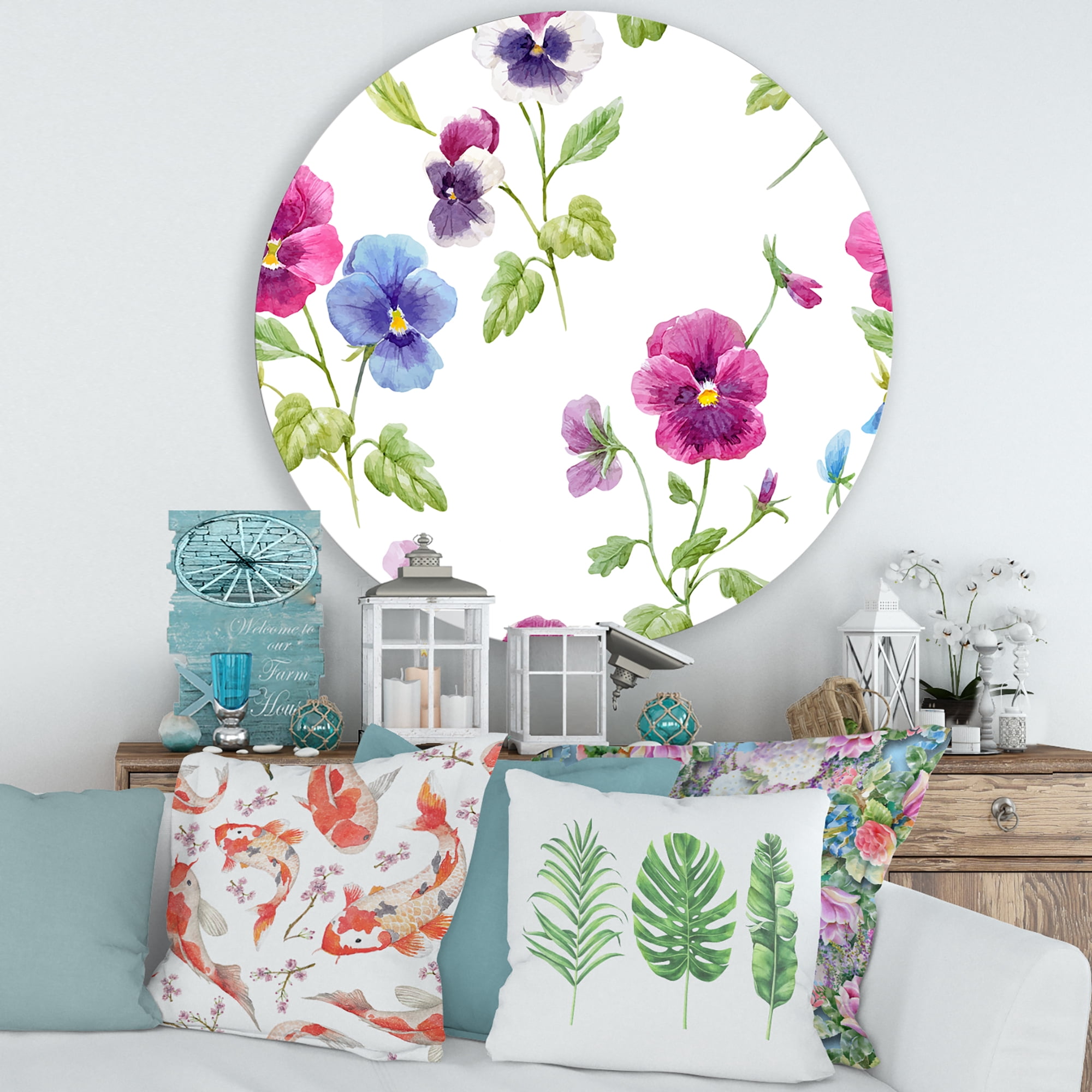 Designart 'Blue and Pink Pansy Flowers II' Traditional Circle Metal Wall Art 36x36 - Disc of 36