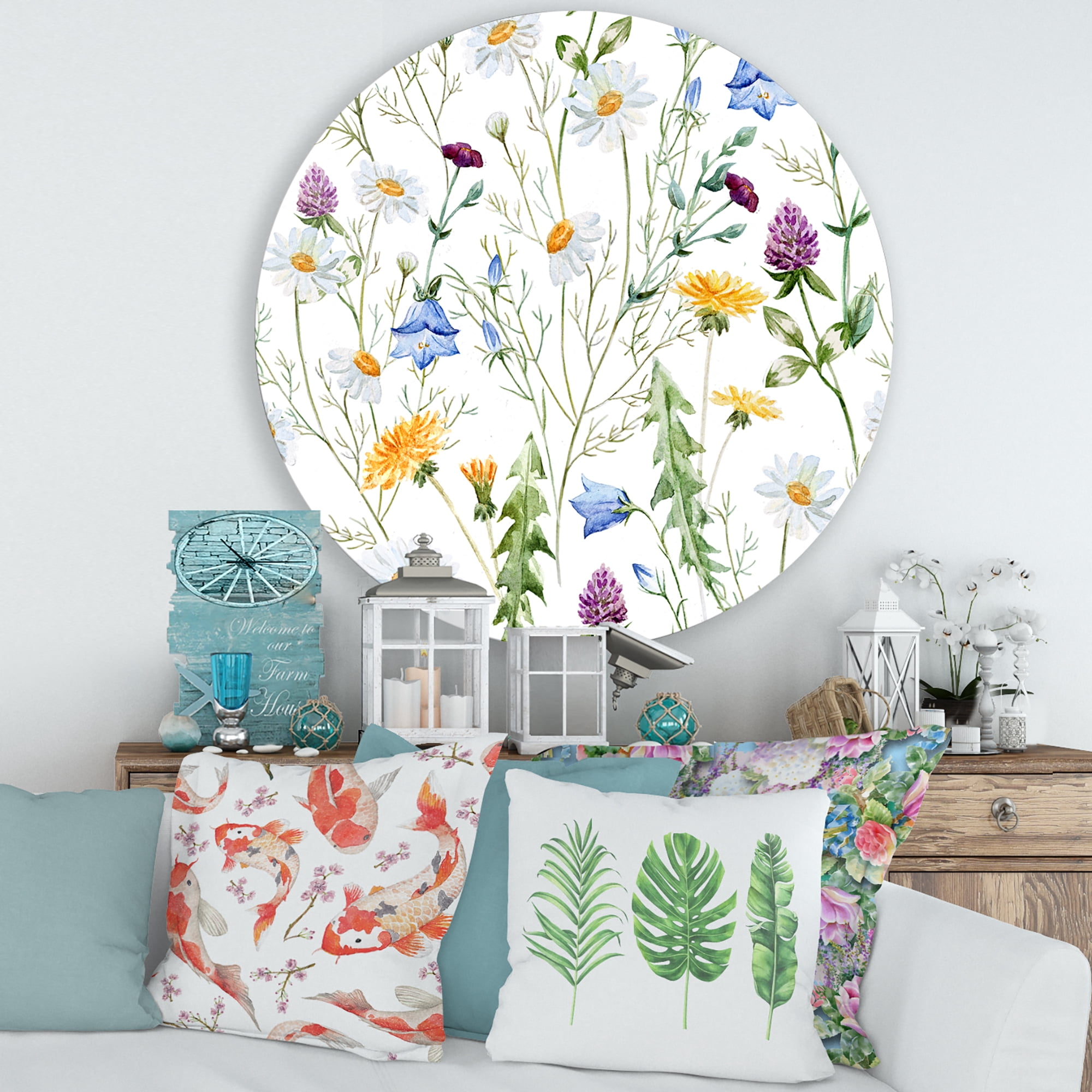 Designart 'Wildflowers Clover Bell and Chamomile III' Traditional Circle Metal Wall Art 29x29 - Disc of 29