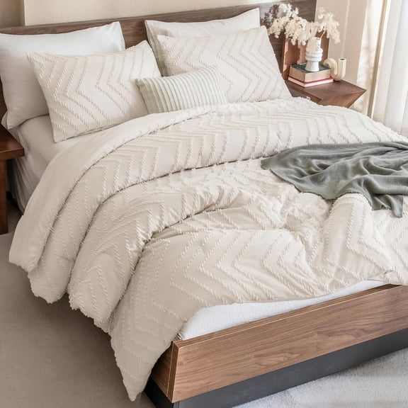 Queen Comforter Set Beige, Comforters Queen Size Boho Cream Soft Warm Tufted Neutral Bedding Comforter Sets for Queen Bed, 3 Pieces Aesthetic Chevron Farmhouse Cute Bohemian Textured Bed Set