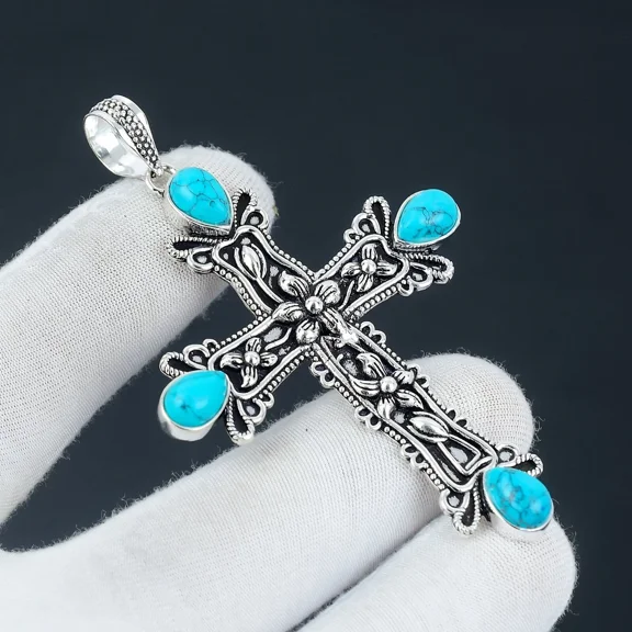 925 Sterling Silver Polished Natural Turquoise Gemstone Handmade Jewelry Cross Pendant