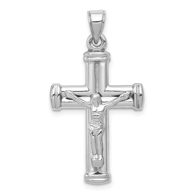 Pendentif Breloque Collier Croix Sainte Seigneur Jésus-Christ Réversible en Or Blanc 14k Religieux Latin