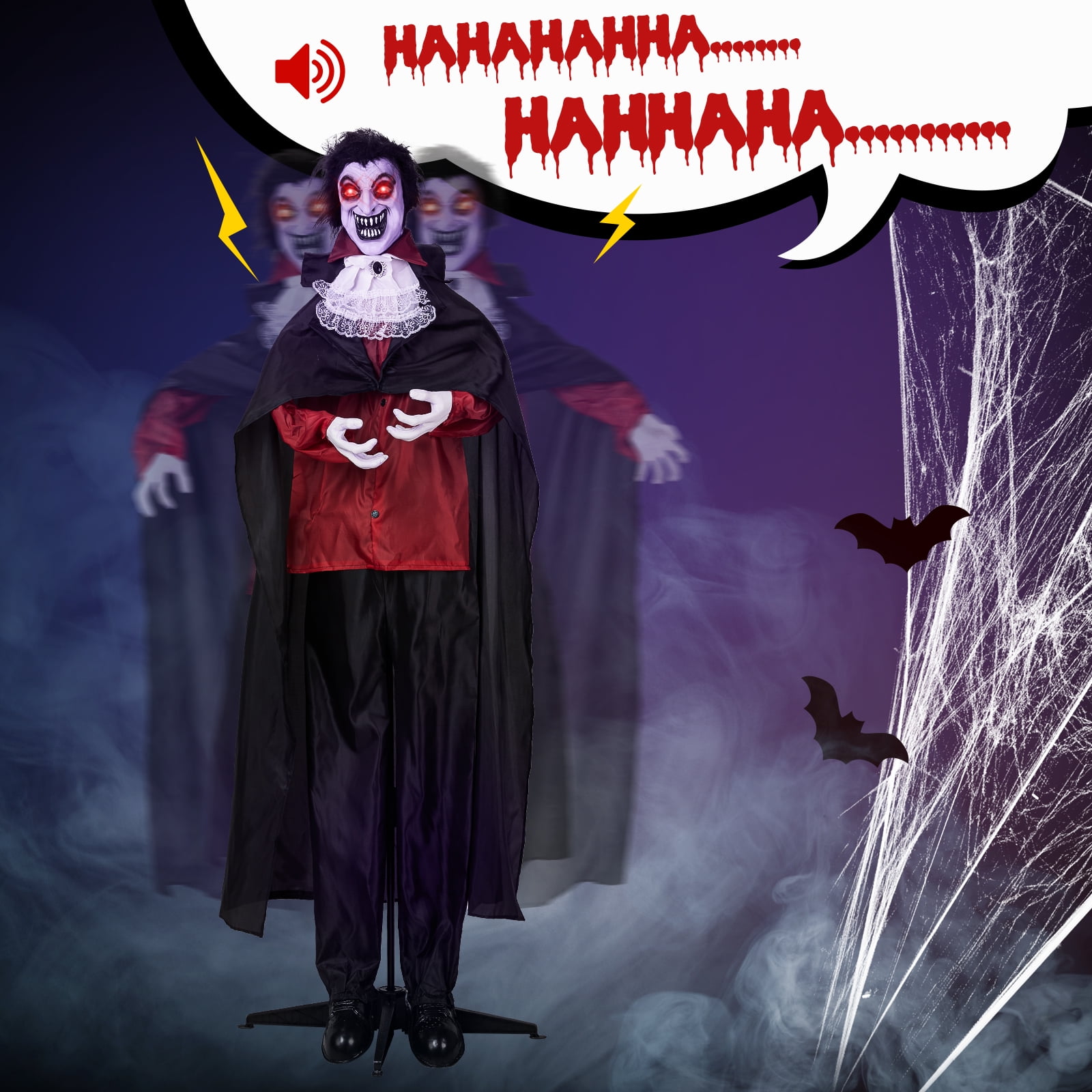 5.7 FT Vampire Outdoor Halloween Standing Decoration with LED Lights Sensor-Activated Laughing Moving Figure Holiday Party Garden Decor