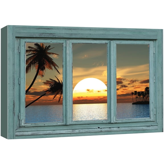 wall26 Canvas Print Wall Art Window View of Tropical Ocean Sunset Horizon Nature Wilderness Photography Modern Art Rustic Scenic Colorful Ultra for Living Room, Bedroom, Office - 24"x36"