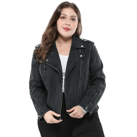 Womens Convertible Jacket - Women's Plus Size Convertible Collar Denim Biker Moto Jacket Black