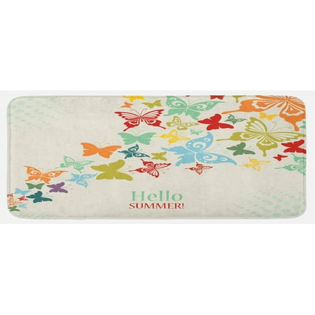 

Butterflies Kitchen Mat Vintage Background with Butterflies and Dots Hello Summer Greeting Happy Text Plush Decorative Kitchen Mat with Non Slip Backing 47 X 19 Multicolor by Ambesonne