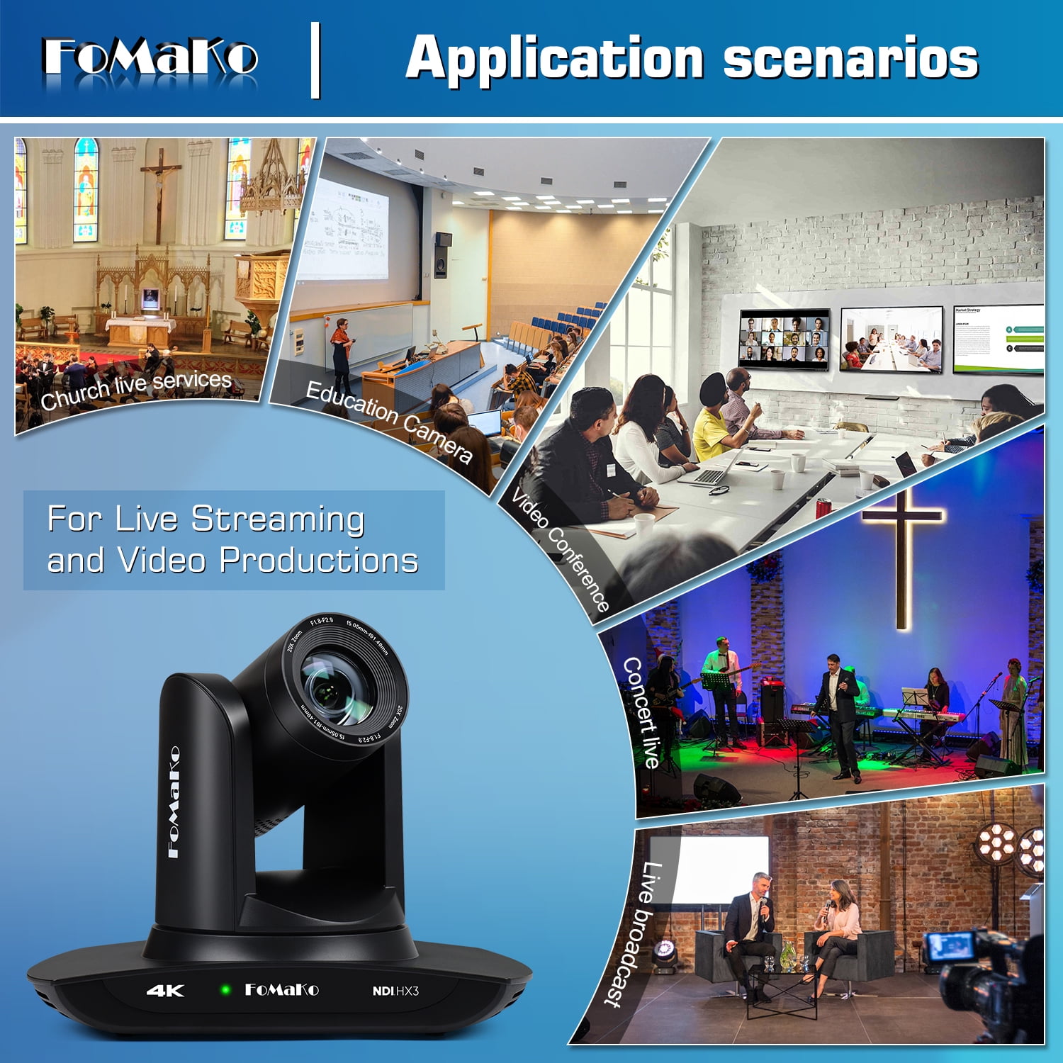 FoMaKo NDI 4K PTZ Camera HDMI AI Auto-Tracking 4K NDI PTZ Camera 4K 20X Optical Zoom, USB3.0 LAN HDMI PTZ Camera 4K for Church Worship Education Conference Events, K20UH NDI 4K PTZ Camera