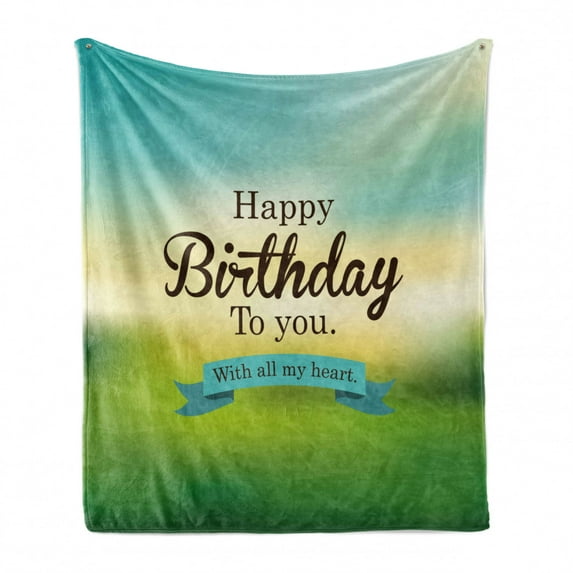 Birthday Soft Flannel Fleece Throw Blanket, Sincere Greeting Message on a Blurred Background Celebration Theme, Cozy Plush for Indoor and Outdoor Use, 70" x 90", Turquoise Green Yellow, by Ambesonne