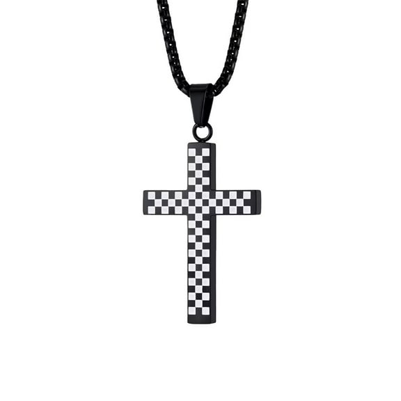 PAURO Men's Stainless Steel Black and White Checkerboard Cross Pendant Necklace Black with Chain