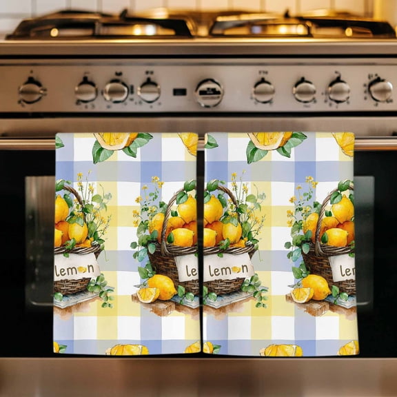 Lemon Basket Summer Kitchen Towels Set of 1, Eucalyptus Blue Yellow Plaid Absorbent Dish Towels for Kitchen, Microfiber Hand Towel, Quick Drying Tea Towel for Cleaning Decorative Dishcloths