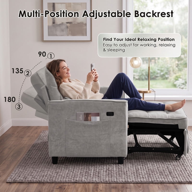 Anpport 54" 3‑in‑1 Convertible Sofa Bed, Towel Fabric, 3‑Position Adjustable Backrest with USB Charging Ports, for Living Room, Apartment, Medium Gray