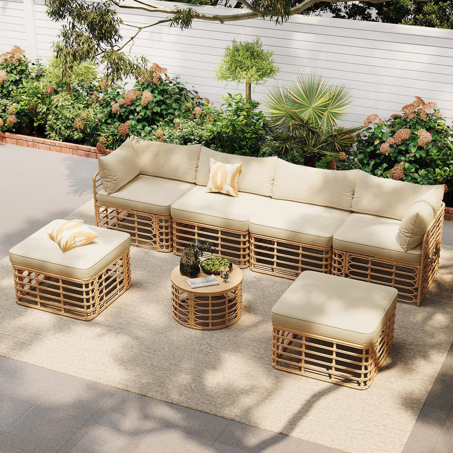 Leumius 7 Pieces Outdoor Patio Furniture Set,All-Weather Rattan Sectional Sofa Set with Thick Cushions and Pillows,Freely Combined Outdoor Conversation Sets for Garden,Backyard,Balcony,Brown