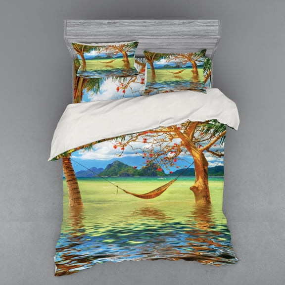 Ambesonne Beach Bedding Set 4 Pcs, Trees in Tropical Land, Queen, Multicolor
