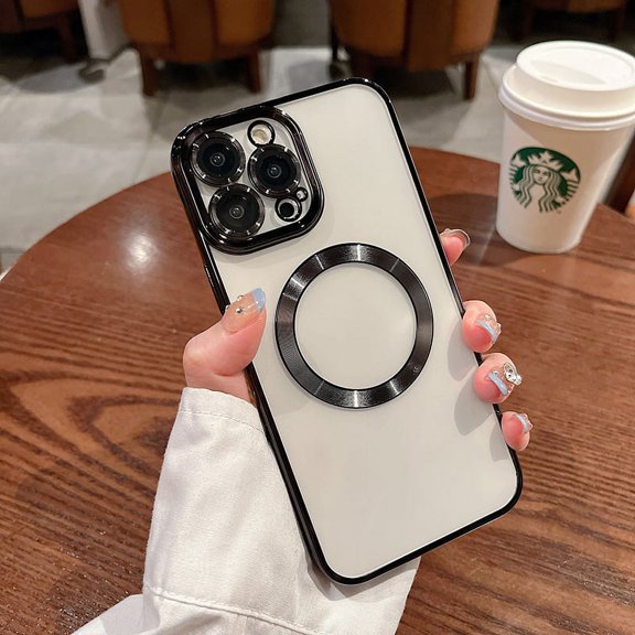 Clear Magnetic Case Compatible with iPhone 14 Pro Max with Camera Protector Transparent Electroplated Shockproof Case-Black