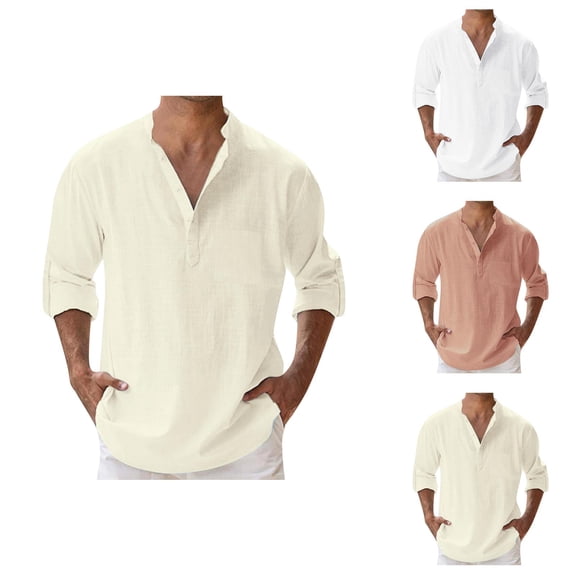 Cotton Linen Shirts for Men Spring Summer Long Sleeve Band Collar Lightweight Relaxed Fit Work Shirts