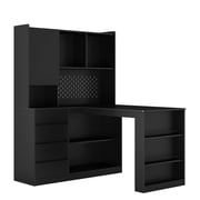 Modern L Shaped Computer Desk with Bookshelf and Hutch, Home Office Corner Study Desk Writing Table with Storage Drawers and LED Light