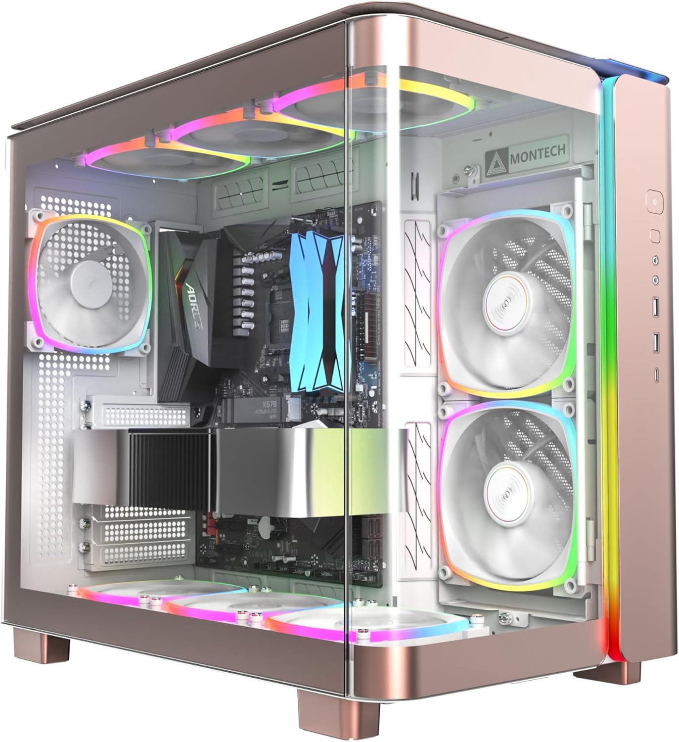 MONTECH, KING 95 PRO Dual-Chamber ATX Mid-Tower PC Gaming Case, High-Airflow, Sturdy Curved Tempered Glass Front, Pink (Rose Gold)