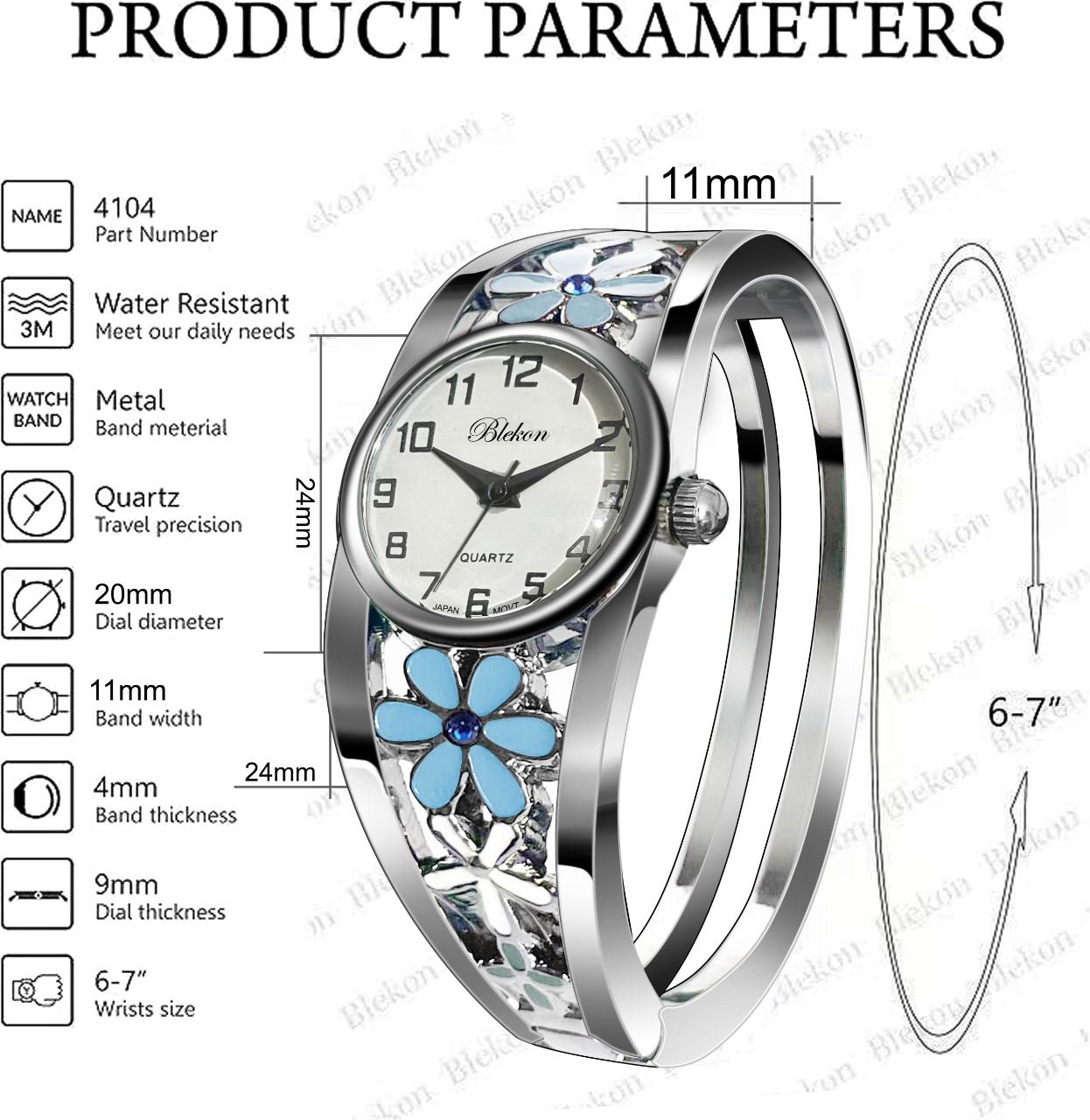 Blekon Women’s Cuff Bangle Watch – Elegant Silver Bracelet Watch with Flower Design, Fashion Jewelry Timepiece for Women