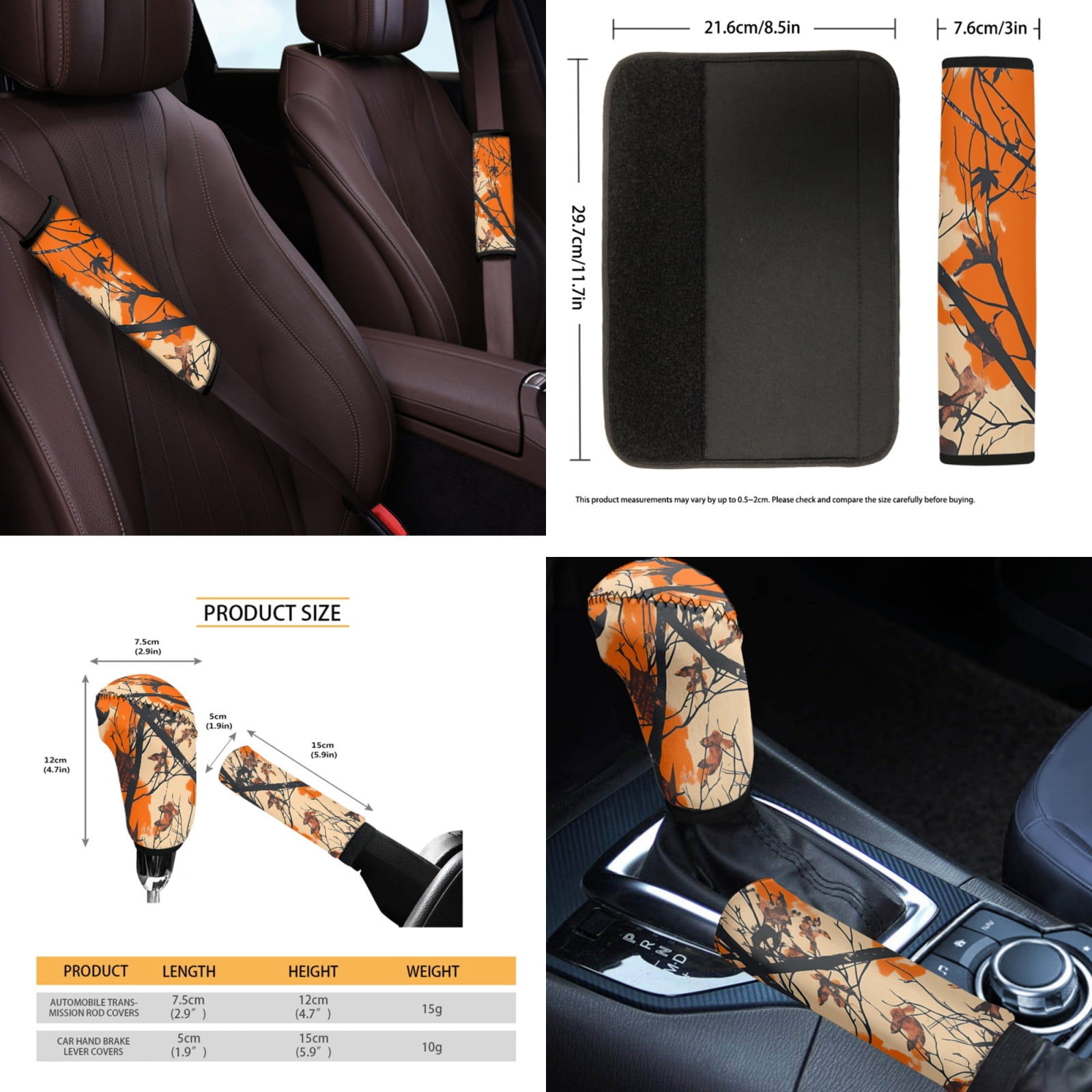 Yuyamidu Camo Hunting Car Seat Covers Full Set of 14 Orange Wood Steering Wheel Cover Seat Belt Pad Cover Waste Bin Rear View Mirror Cover Coasters Armrest Cover Handbrake Cover Set Car Decor