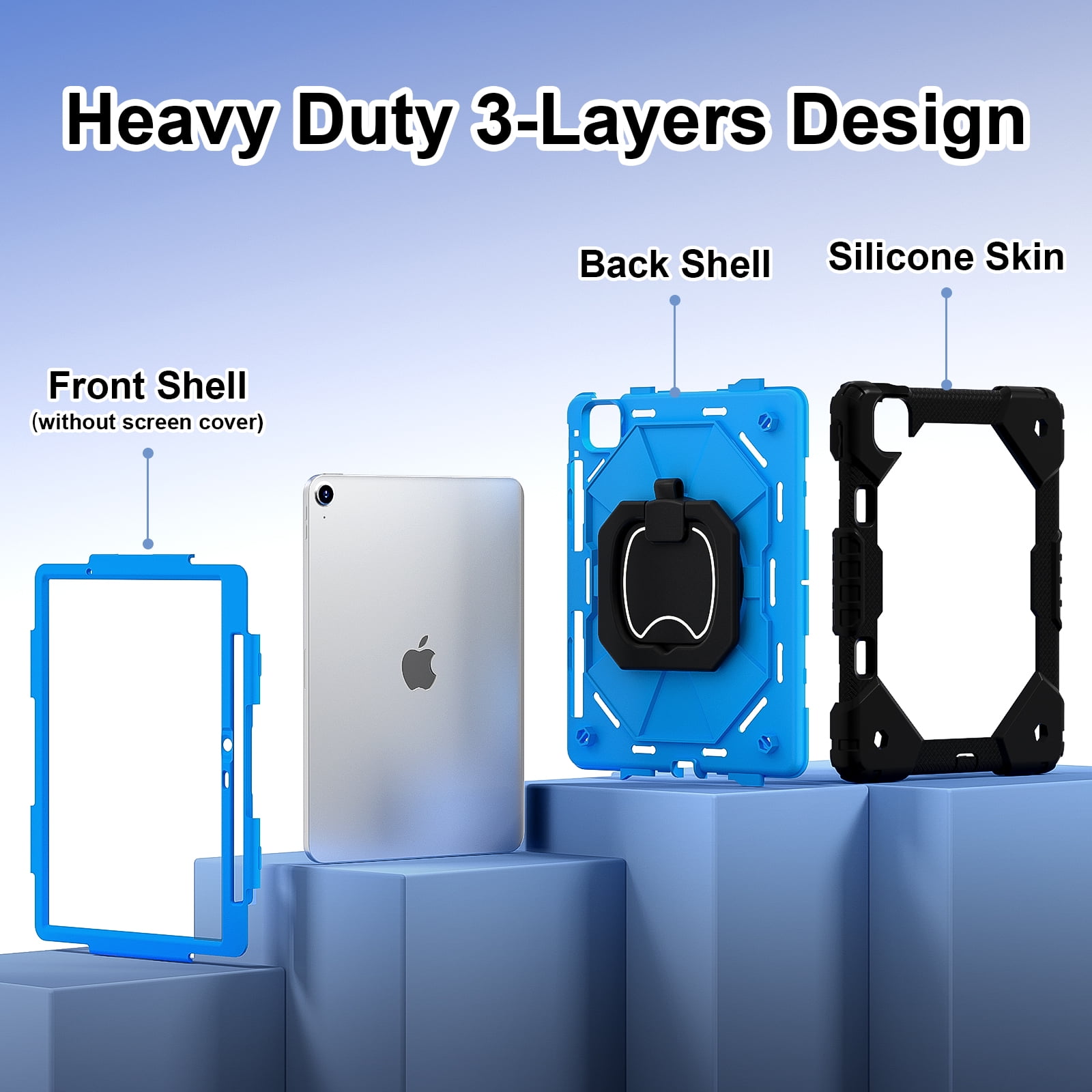 Dteck with Pencil Holder Case for iPad Air 13 inch 2025/2024,Heavy Duty Silicone Case 360 Degree Rotating Handle Stand Cover with Shoulder Strap for iPad Air 13-in. M3/M2,Black+Blue