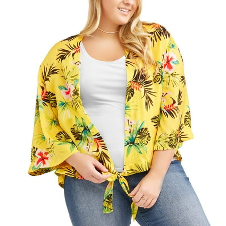Junior's Plus Tropical Print Wrap Kimono