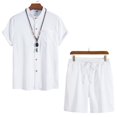 thumbnail image 4 of Birdeem Ensemble 2 Pcs d'Été pour Hommes Col Montant Mode Chemise Décontractée Manches Courtes et Shorts Ensemble Col Rabattu, 4 of 12
