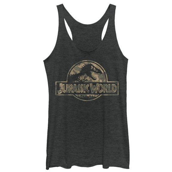 Women's Jurassic World Camouflage Print Logo  Racerback Tank Top Black Heather Large