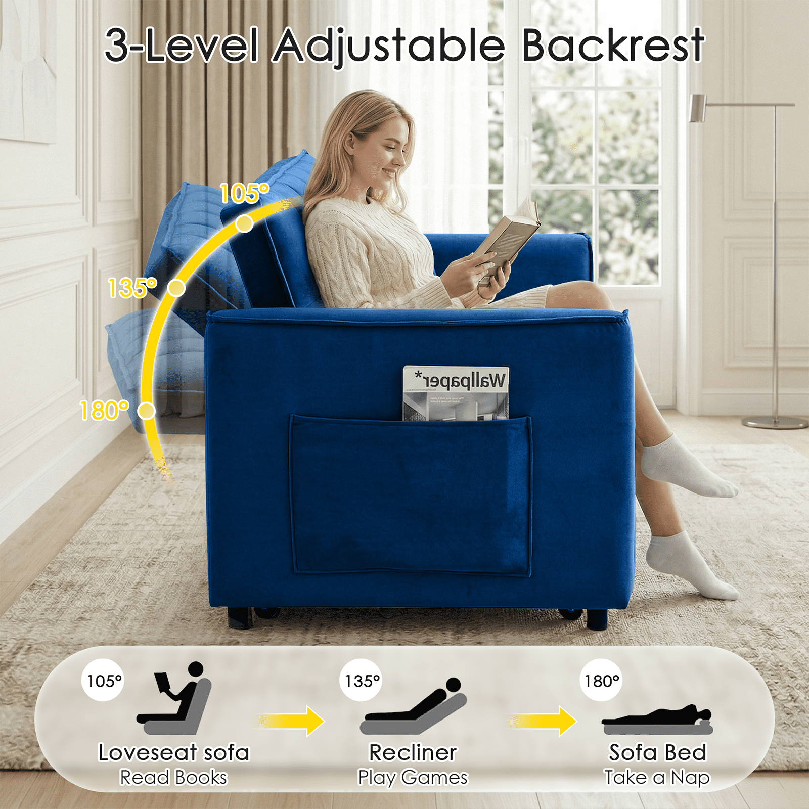 Amuille 3 in 1 Convertible Sleeper Sofa Bed, 54" Velvet Fabric Loveseat, Pull Out Couch for Living Room and Apartment (Blue)