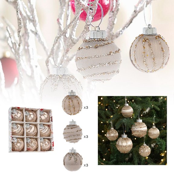 9PCS Rustic Champagne Christmas Ornaments – Farmhouse Xmas Tree Balls Set, Shatterproof Glitter Pearl Decorations for Holiday Wreaths & Garland