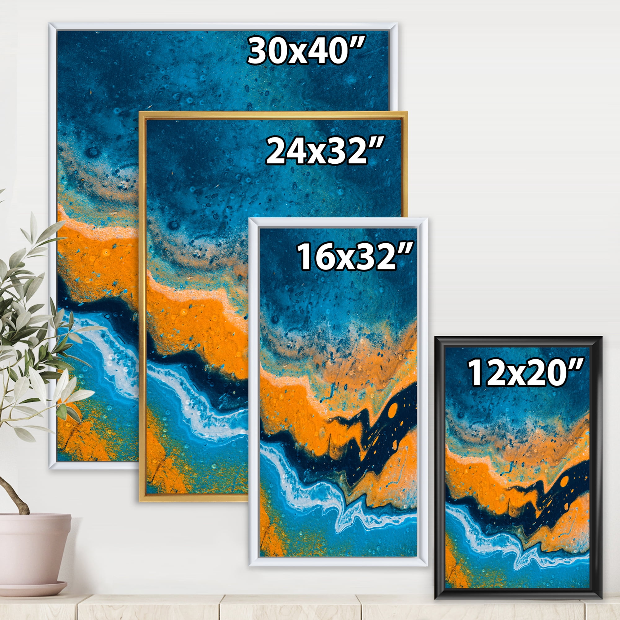 Designart 'Abstract Marble Composition In Orange and Blue IV' Modern Framed Canvas Wall Art Print