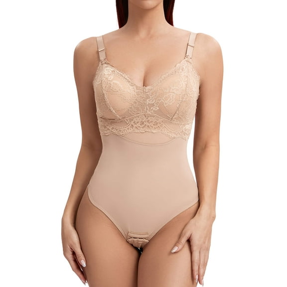 MANIFIQUE Women's Bra Free Bodysuits Tummy Control Shapewear Thong Body Shaper with Removable Pads