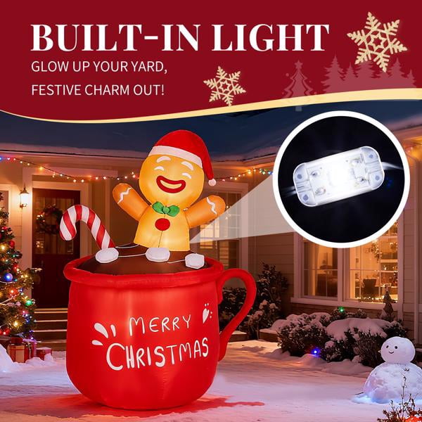Alvantor 5.9 ft Lighted Gingerbread Man Christmas Inflatable in Hot Cocoa Cup, 3 Warm White LEDs, Outdoor Yard Decor